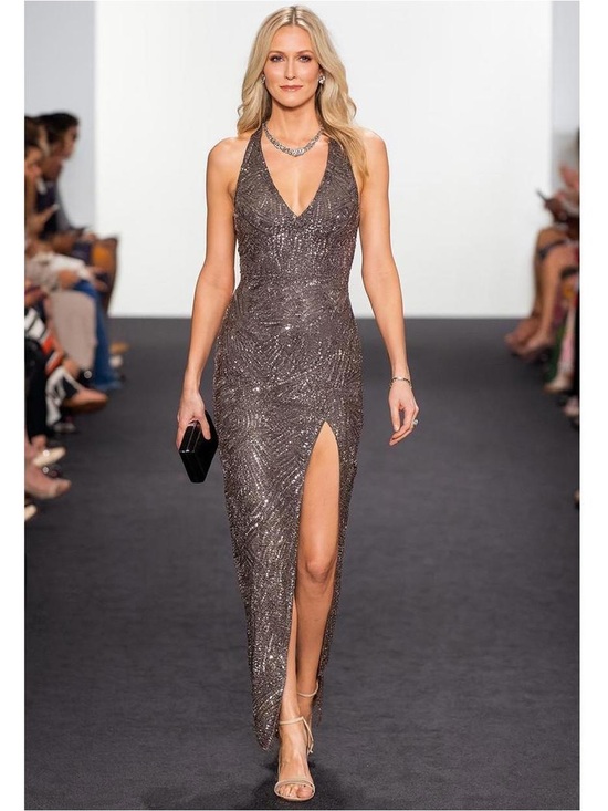 aidan mattox beaded halter dress Sequin Beaded Leaf Halter Gown In Rose Quartz